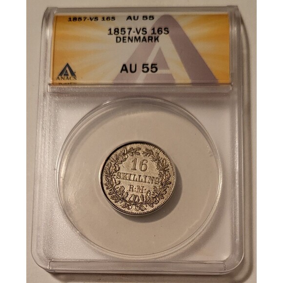 Denmark Frederik VII 1857 VS Silver 16 Skilling Rigsmont AU55 ANACS - Picture 1 of 4